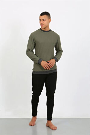 Giyim Erkek Uzun Kol Manşetli Paça Penye Pijama Takımı Haki