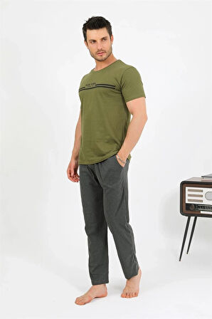 Giyim Erkek Pamuk Kısa Kol Pijama Takım Haki
