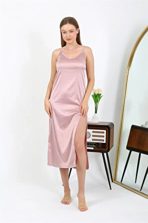 Giyim Yırtmaçlı Uzun Saten Gecelik Pudra