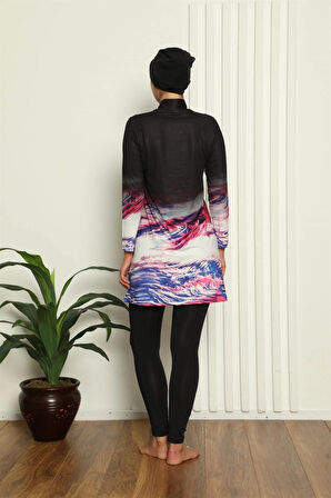 Giyim Tam Tesettür Dijital Desenli Mayo Siyah