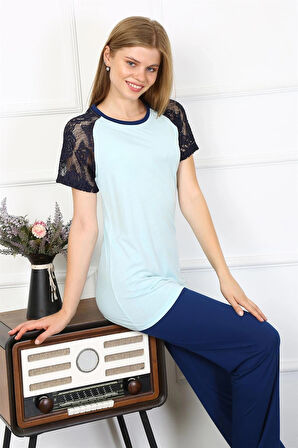 Giyim Kadın Kolu Dantelli Penye Pijama Takım Su Yeşili