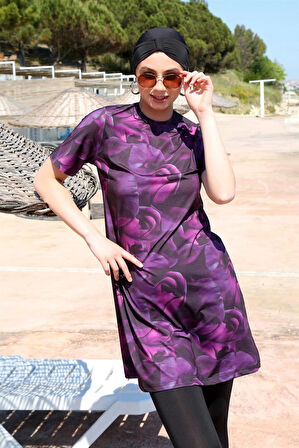 Giyim Kısa Kol Güllü Yarım Tesettür Mayo Mor