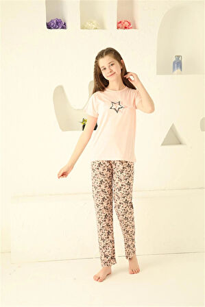 Giyim Kız Çocuk Pamuk Kısa Kollu Pijama Takımı Somon