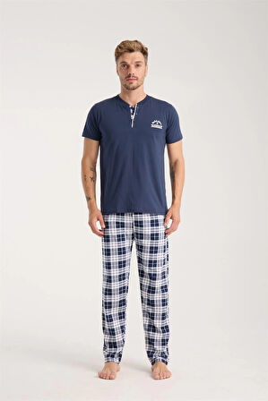 Giyim Erkek Lacivert Düğmeli Yaka Kısa Kol Pijama Takımı