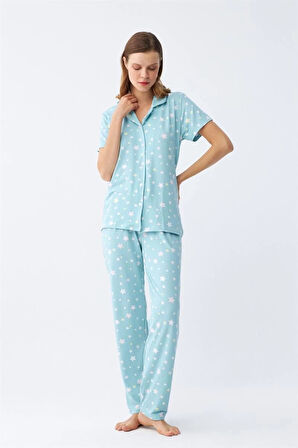 Giyim Kadın Buz Mavisi Yıldız Desenli Önden Düğmeli Pijama Takımı