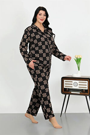 Giyim Kadın Büyük Beden Pamuklu Cepli Düğmeli Siyah Pijama Takım