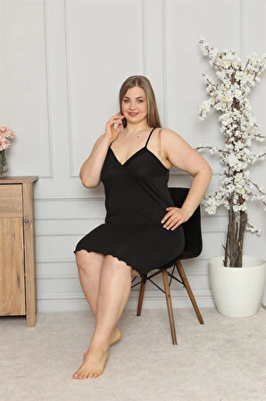 Giyim Kadın Pamuklu İp Askılı Büyük Beden Gecelik Siyah