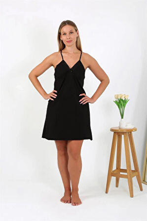 Giyim Kadın Pamuklu İp Askılı Büyük Beden Gecelik Siyah