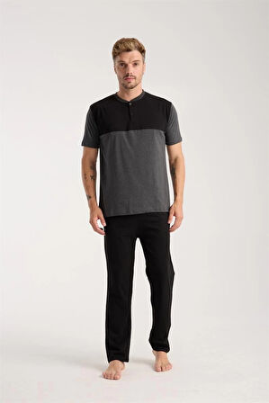 Giyim Erkek Antrasit Düğmeli Yaka Kısa Kol Pijama Takımı