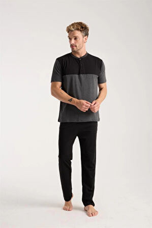 Giyim Erkek Antrasit Düğmeli Yaka Kısa Kol Pijama Takımı