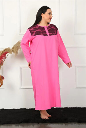 Giyim Büyük Beden Uzun Kol Dantelli Fuşya Anne Gecelik