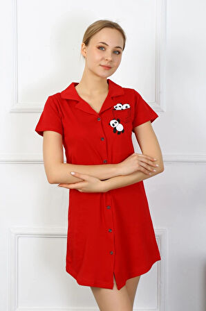 Giyim Kadın Pamuk Penye Kısa Kol Düğmeli Kırmızı Tunik Gecelik