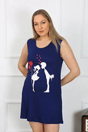 Giyim Kadın Büyük Beden Kalın Askılı Penye Diz Üstü Lacivert Gecelik