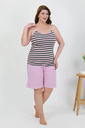 Giyim Kadın Büyük Beden İp Askılı Penye Şortlu Takım Lila