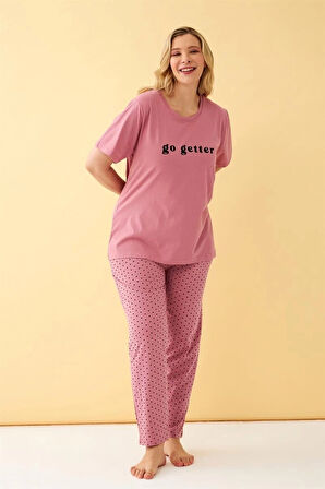 Giyim Kadın Somon Go Getter Yazılı Büyük Beden Pijama Takımı