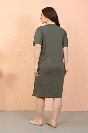 Giyim Kadın Büyük Beden Penye Kısa Kol Haki Gecelik