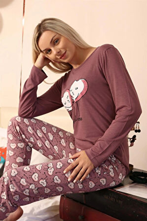 Giyim Kadın Penye Uzun Kol Pijama Takım Mürdüm