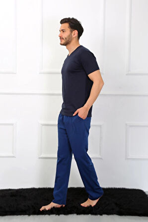 Giyim Erkek Penye 3'lü Lacivert V Yaka Pijama Takımı