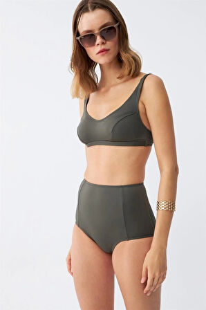 Giyim Kadın Basic Haki Pedli Yüksek Bel Bikini Takımı