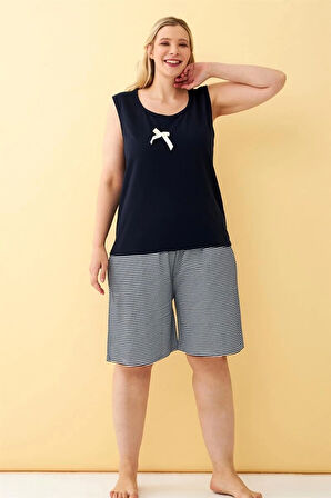 Giyim Kadın Lacivert Kurdele Detaylı Şortlu Büyük Beden Pijama Takımı