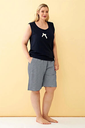 Giyim Kadın Lacivert Kurdele Detaylı Şortlu Büyük Beden Pijama Takımı