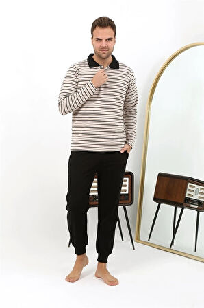 Giyim Erkek Polo Yaka Uzun Kol Penye Pijama Takımı Krem