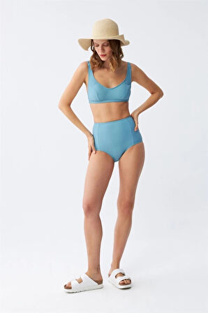 Giyim Kadın Basic Turkuaz Pedli Yüksek Bel Bikini Takımı