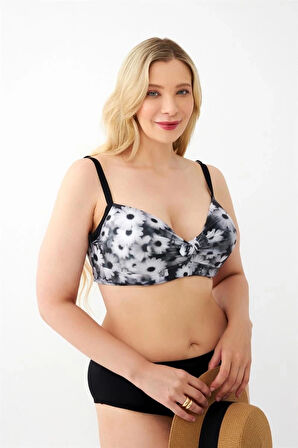 Giyim Kadın Papatya Desenli Gri Büyük Beden Bikini Takımı