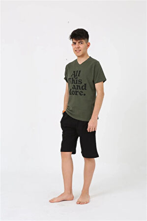 Giyim Erkek Genç Garson Boy Kısa Kol Haki Penye Şortlu Pijama Takımı