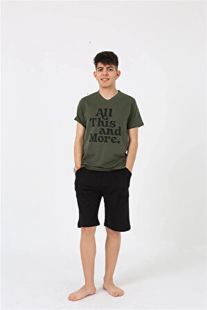 Giyim Erkek Genç Garson Boy Kısa Kol Haki Penye Şortlu Pijama Takımı