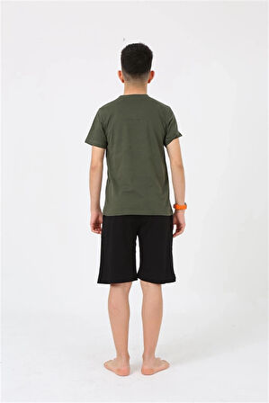 Giyim Erkek Genç Garson Boy Kısa Kol Haki Penye Şortlu Pijama Takımı