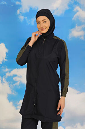 Giyim Kadın Pantolonlu Kolu Şeritli Tam Tesettür Mayo Lacivert