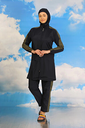 Giyim Kadın Pantolonlu Kolu Şeritli Tam Tesettür Mayo Lacivert