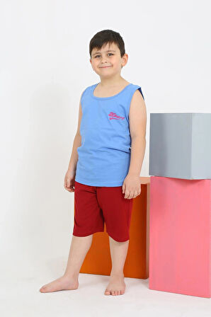 Giyim Erkek Çocuk Sıfır Kol Şortlu Mavi Penye Pijama Takımı