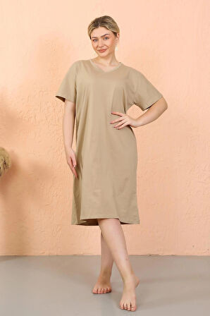 Giyim Kadın Kısa Kol Diz Altı Over Size Vizon Ev Elbisesi - Geceliği