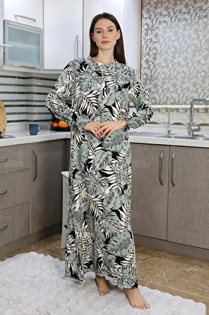 Giyim Kadın Uzun Kol Penye Gecelik Ev Elbisesi SuYeşili