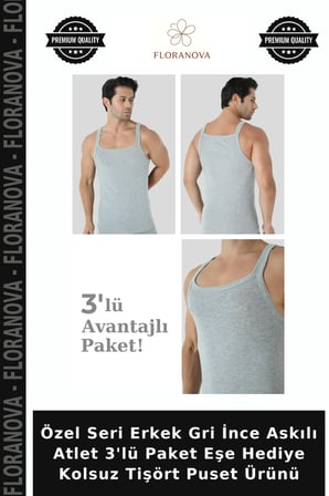 Özel Seri Erkek Gri İnce Askılı Atlet 3'lü Paket Eşe Hediye Kolsuz Tişört Puset Ürünü