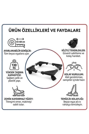 Çeksür Ayarlanabilir Tekerlekli Beyaz Eşya Altlığı Buzdolabı Çamaşır Makinesi Bulaşık Makinesi Fırın ve Kurutma Makinesi İçin