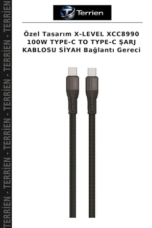 Özel Tasarım X-LEVEL XCC8990 100W TYPE-C TO TYPE-C ŞARJ KABLOSU SİYAH Bağlantı Gereci