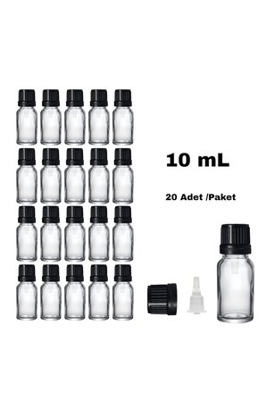 Cam Damlalıklı Ecza Şişe 10 ml Şeffaf - Plastik Siyah Kilitli Kapak 20 Adet