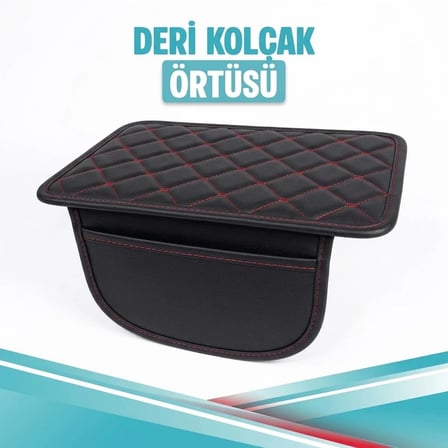 KİA VENGA Uyumlu Cepli Deri Kolçak Minderi Koruyucu Örtü Siyah Deri Kırmızı Dikiş