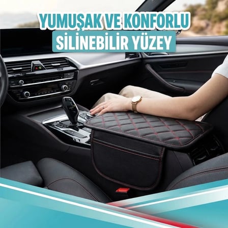 KİA VENGA Uyumlu Cepli Deri Kolçak Minderi Koruyucu Örtü Siyah Deri Kırmızı Dikiş
