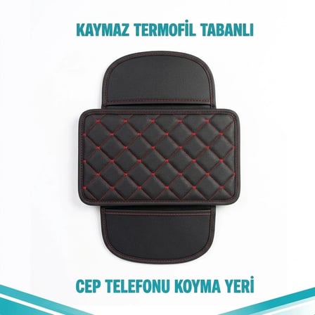 KİA VENGA Uyumlu Cepli Deri Kolçak Minderi Koruyucu Örtü Siyah Deri Kırmızı Dikiş