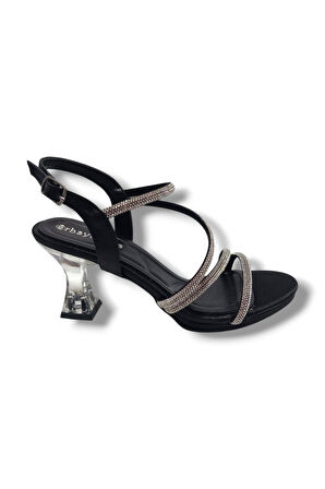 Erbay 093-25 Saten Şeffaf Topuk Taşlı Anatomik Kadın Sandalet