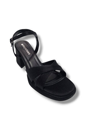 Erbay 405-25 Saten Çapraz Bant Kalın Topuk Anatomik Kadın Sandalet