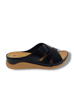 Jasmine 4003-25 Deri Comfort Çapraz 3 Bant Kadın Terlik