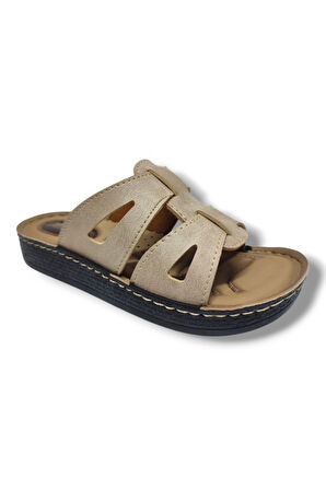 Leman L301-25 Deri Anatomik Çift Kemer Bant Kadın Terlik