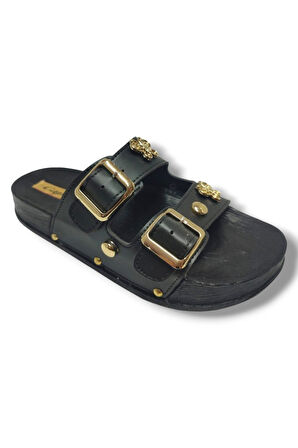 Capri 9001-25 Deri Çift Bant Tokalı Kadın Terlik