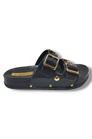Capri 9001-25 Deri Çift Bant Tokalı Kadın Terlik