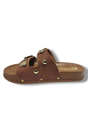 Capri 9001-25 Deri Çift Bant Tokalı Kadın Terlik